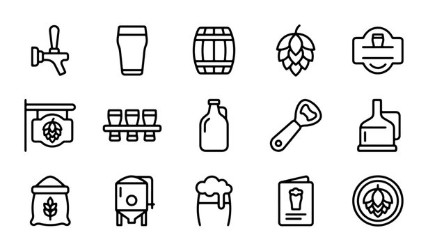 Beer Icons Set: Brewery Equipment, Drinks, and Bar Essentials Vector Graphics
