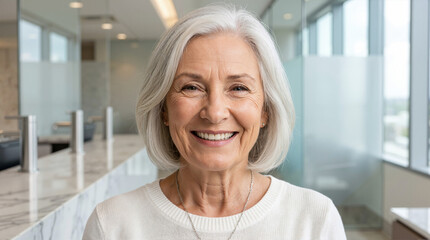 Fototapeta premium Happy elderly woman smiling in modern healthcare environment for senior care brochures, wellness websites, and emotional support campaigns