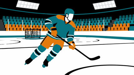 Ice Hockey Player Illustration in Arena with Goal and Spectator Stands © Artification