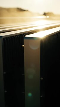 Close-up of industrial metal cooling fins with warm lighting.