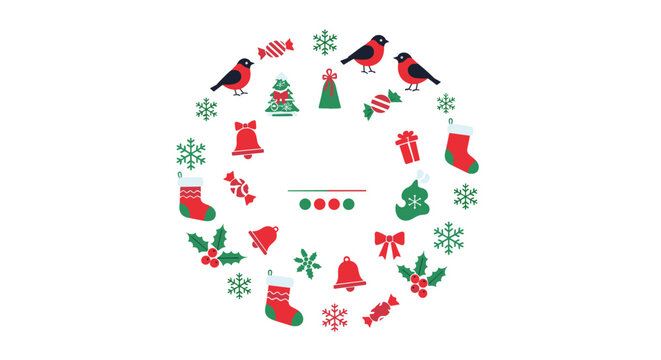 Festive Christmas wreath illustration formed by various holiday symbols like red birds green snowflakes bells stockings and candies in a circle.