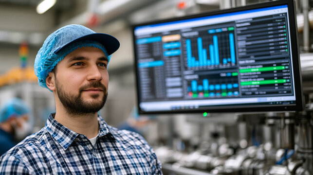 Food factory processing line supervisor reviewing real-time OEE production dashboard on large industrial monitor mounted above packaging station, current shift output, downtime events, and quality r