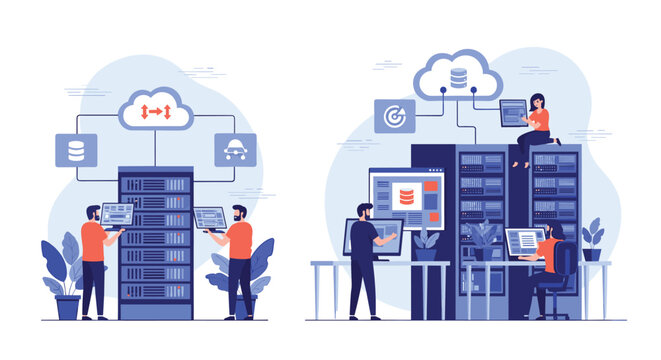 Professional IT technicians managing network servers and data center infrastructure with cloud computing icons and digital storage systems.