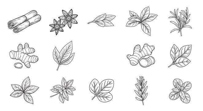Vintage hand drawn sketch of various aromatic spices and culinary herbs including cinnamon sticks star anise ginger root and bay leaves.