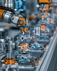 Obraz premium Medium shot of a digital twin visualizing a production line highlighting realtime simulation of carburetor and piston assembly processes for precise workflow analysis.