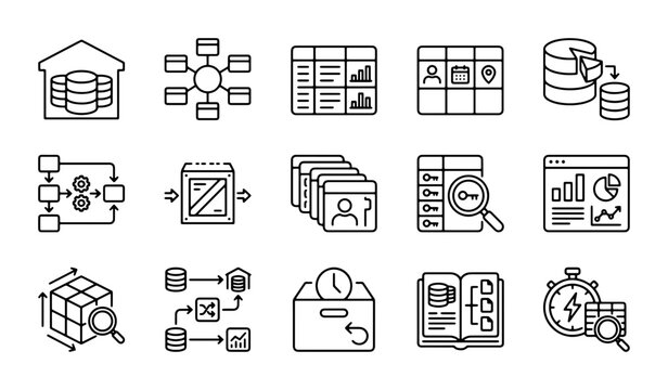 Data Management Icons, Database Workflow Set, Analytics & Storage Vector Graphics