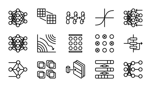 Neural Network Icons, Machine Learning Symbols, Deep Learning Concepts, AI Algorithms, Data Science Graphics