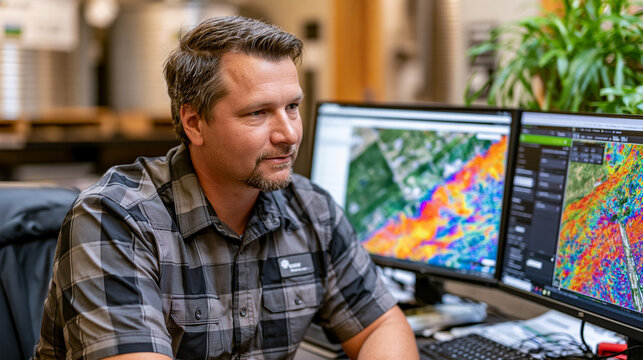 Precision agriculture yield mapping data analyst studying combine harvester telemetry on dual-screen workstation inside farm management office, bushel-per-acre heat maps overlaid on satellite field 