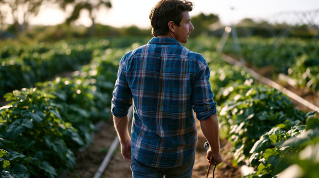 Precision irrigation scheduling agronomist walking between crop rows using handheld soil moisture tensiometer during midsummer heat advisory, portable weather station tripod visible at field edge, i