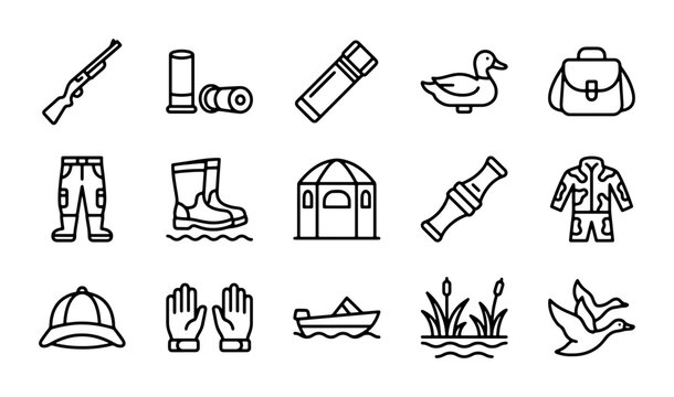 Hunting Icons Set: Duck, Shotgun, Boots, Camo Gear, Boat, 15 Vector Elements
