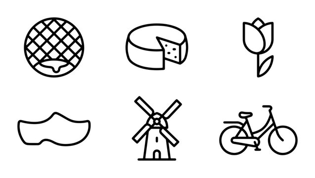 Dutch Icons Set: Windmill, Tulip, Cheese, Clog, Bicycle, Gouda - Vector Graphics