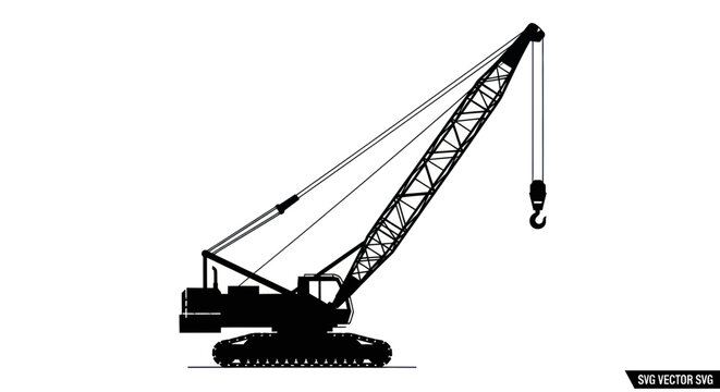 Silhouette of a Crawler Crane with Hook on White Background