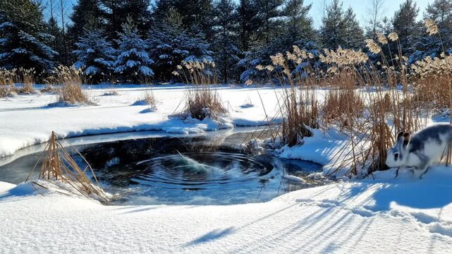 Winter wonderland scene of snow covered pond with rabbit relaxing near the edge of the water reflecting the forest