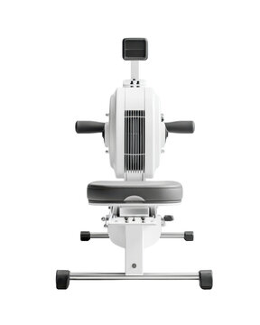 Front view of modern indoor rowing machine with digital monitor and padded seat isolated