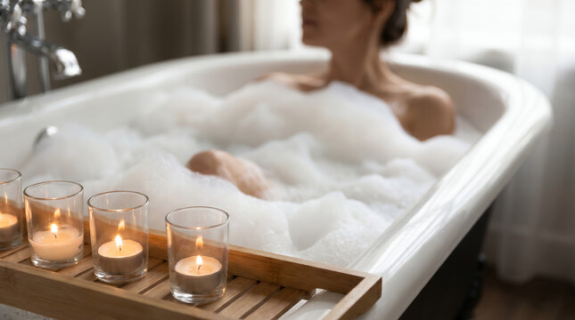 Woman relaxing in bubble bath with candles in cozy bathroom  