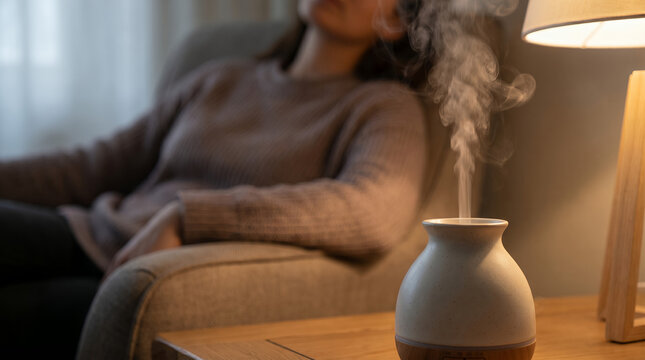Woman relaxing on sofa with essential oil diffuser in cozy room  