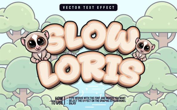 Slow loris editable text effect with cute kawaii cartoon animal, forest background, playful typography design for kids and creative branding