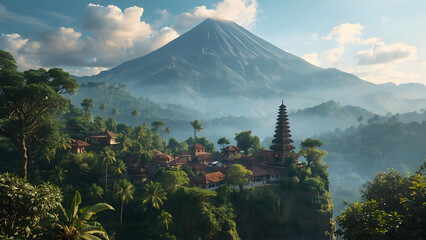 Majestic Volcano Overlooking Lush Tropical Village and Temple