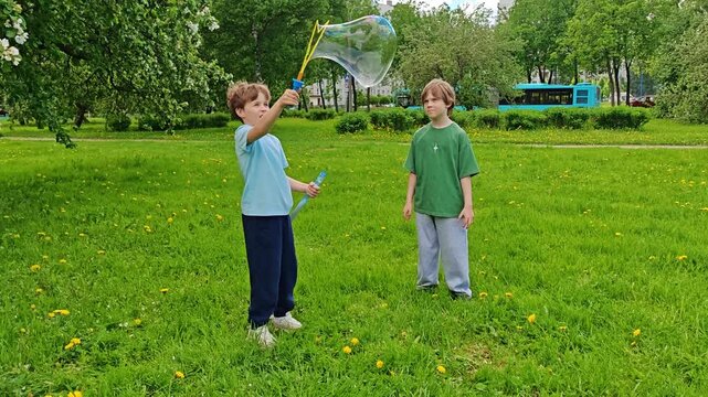 Two boys playing with bubble equipment in apple orchard park. brotherly play, outdoor games, spring activity.