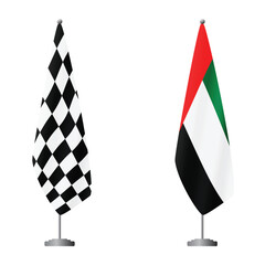 Obraz premium Checkered and United Arab Emirates flags on flagpoles for official ceremonies and meetings, transparent background vector