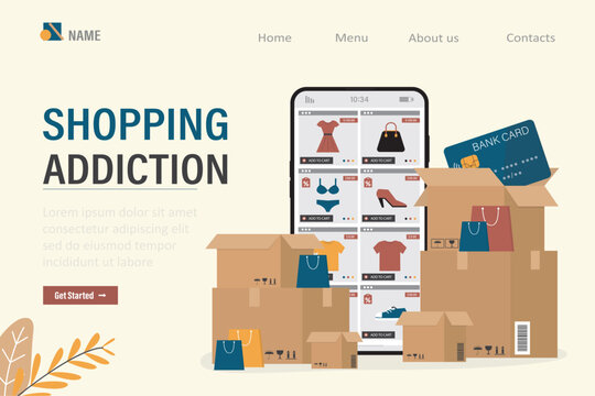 Consequences of compulsive online shopping, negative financial balance, hidden cost of consumerism. Shopping addiction, landing page.