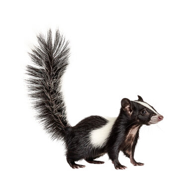 A skunk standing upright with its tail raised, facing left, against a white background.
