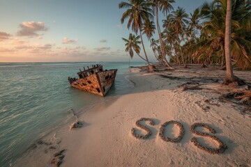 Deserted tropical island with SOS letters on sand and a weathered shipwreck by a tranquil shoreline at sunset