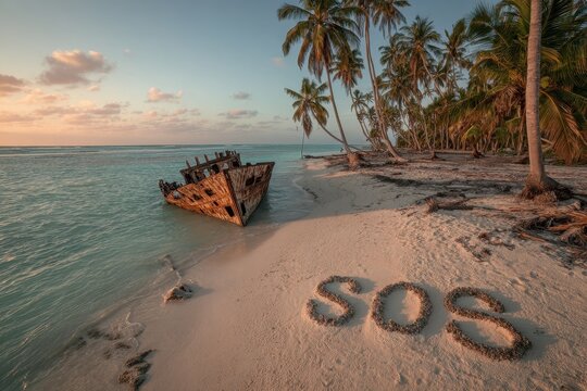 Deserted tropical island with SOS letters on sand and a weathered shipwreck by a tranquil shoreline at sunset