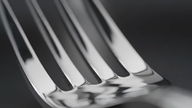 Close up macro shot of a shiny metal fork tines reflecting light.