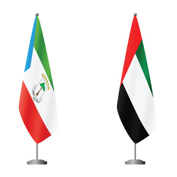 Equatorial Guinea and United Arab Emirates flags on flagpoles for official ceremonies and meetings, transparent background vector