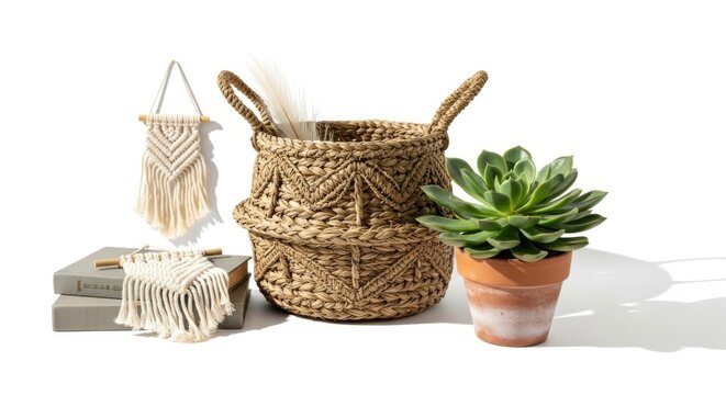 Woven baskets, macrame wall hanging, potted succulent, home decor