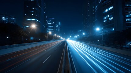 Obraz premium A wide view of a modern city road lined with tall buildings at night illuminated by bright streetlights