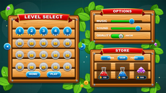 Cartoon game user interface with wooden level select, options, and store panels, blue buttons, locked stages, leaves, coins, gems, and potions.