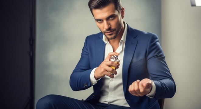A man in a blue suit applying cologne to his wrist.