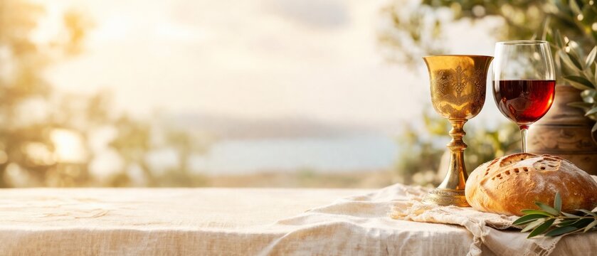 Corpus Christi celebration setting with chalice, wine, and bread on table, background