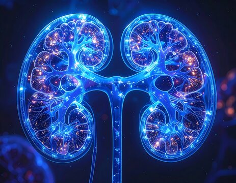 Glowing anatomical kidney with intricate blue network
