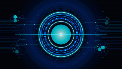 Fototapeta premium Futuristic blue HUD core interface with concentric glowing rings, circuit lines, hexagon nodes and dark digital grid technology background.