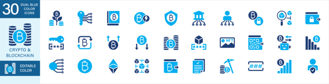 Crypto currency system and block chain icon set. Contains icon symbol of bit coin, money, ethereum, block chain, wallet, mining, hash, nodes, NFT, token, exchange, private key, trading bot, chart.