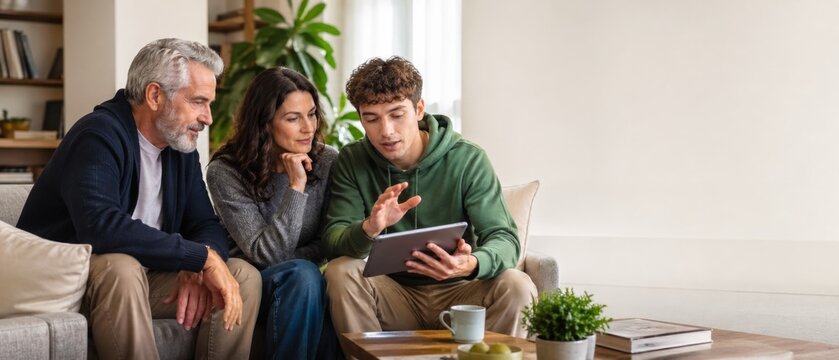 Family discussing finance together on tablet at home with plants in background