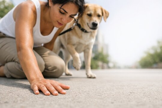 Woman checking hot pavement with dog during urban heatwave, summer concept