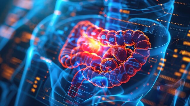 Colorectal cancer medical anatomical illustration showing malignant tumor in colon and rectum, intestinal cancer pathology, human digestive tract disease, abnormal cell growth, gastrointestinal malign