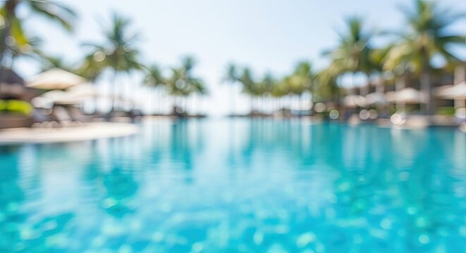 Blurred background of a luxurious resort swimming pool with palm trees.