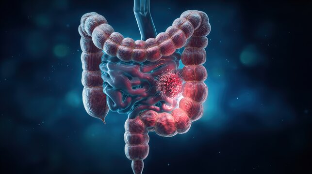 Colorectal cancer medical anatomical illustration showing malignant tumor in colon and rectum, intestinal cancer pathology, human digestive tract disease, abnormal cell growth, gastrointestinal malign