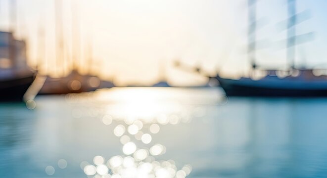 Blurred background of a serene harbor with boats and sparkling water at sunset.