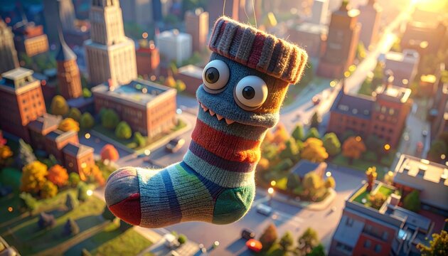 Giant Sock Puppet With Googly Eyes Gazing Down At Miniature Cityscape