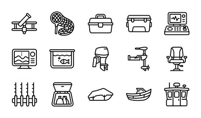 Fishing Gear Icons Set, Boat Equipment Vector Graphics, Outdoor Recreation Symbols Collection © Liza