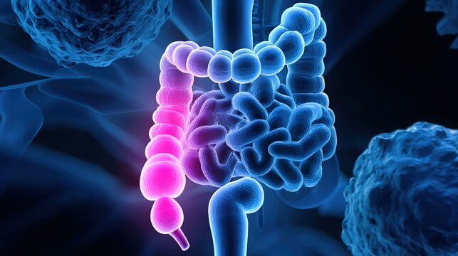 Colorectal cancer medical anatomical illustration showing malignant tumor in colon and rectum, intestinal cancer pathology, human digestive tract disease, abnormal cell growth, gastrointestinal malign