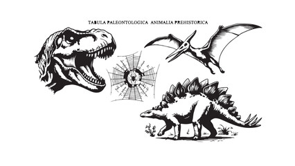 Prehistoric Animals Paleontology Tabula with T-Rex, Pterodactyl, Stegosaurus and Spiderweb © MdDulal