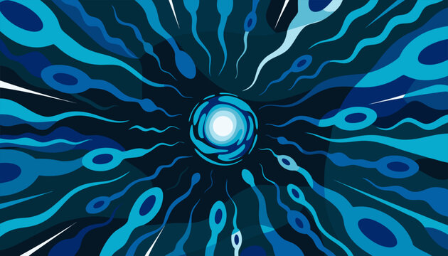 Abstract Flat Vector Illustration of Sperm Cells Swimming Toward an Egg Cell in Blue Tones.eps