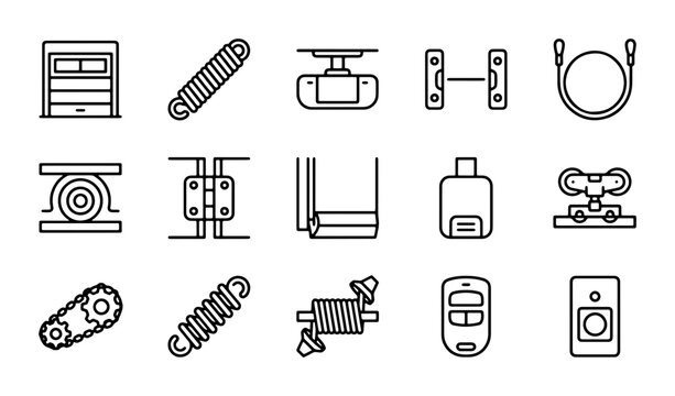 Garage Door Opener Parts & Accessories Icons, Vector Set: Automation, Repair, Installation Components